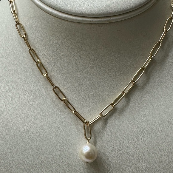HANDMADE 10mm White Cultured Pearl 14K Paperclip Necklace 19 Inches - Adjustable - Picture 4 of 8